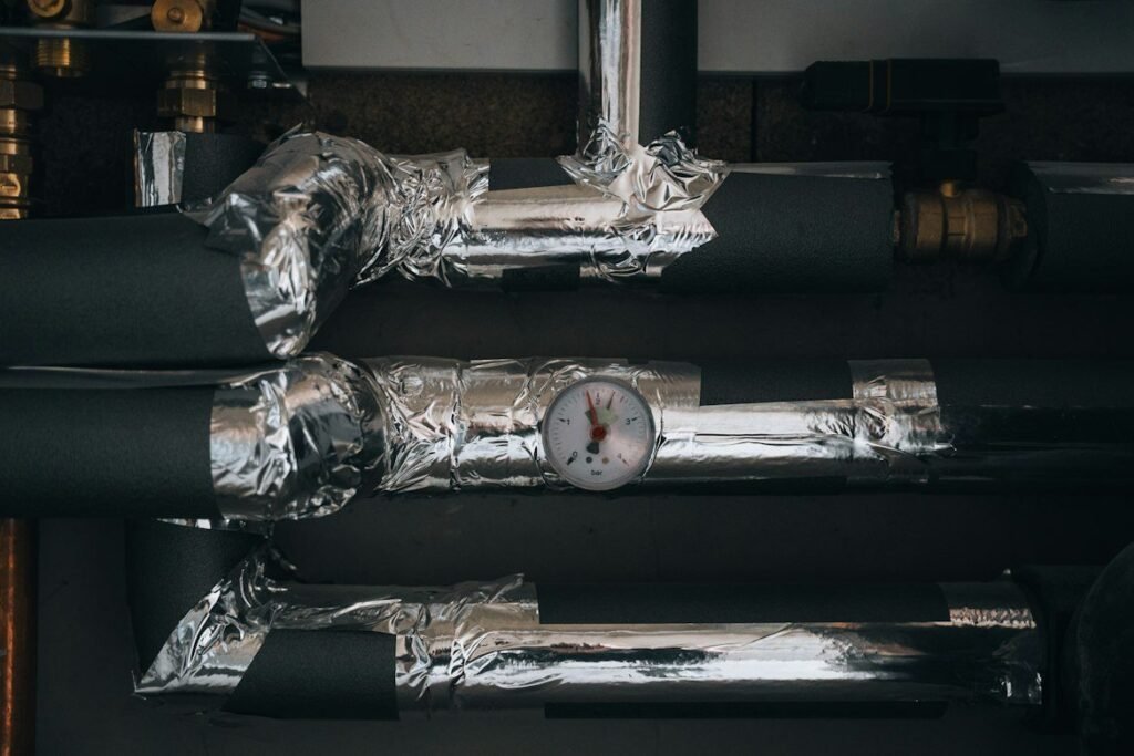 Insulated heating pipes and a pressure gauge in a mechanical room.