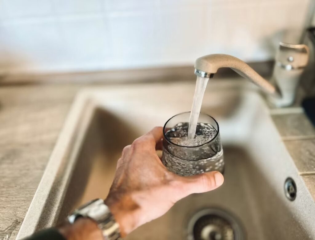 Hand filling a drinking glass from a kitchen faucet.