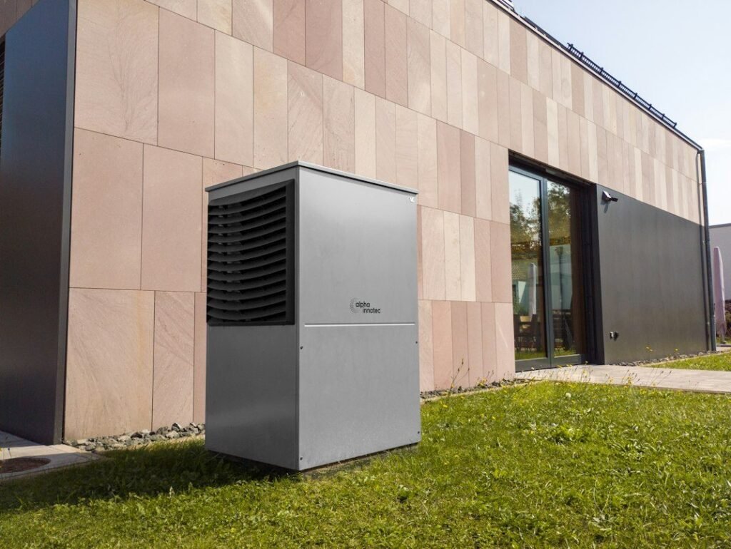 Outdoor heat pump beside a modern home.