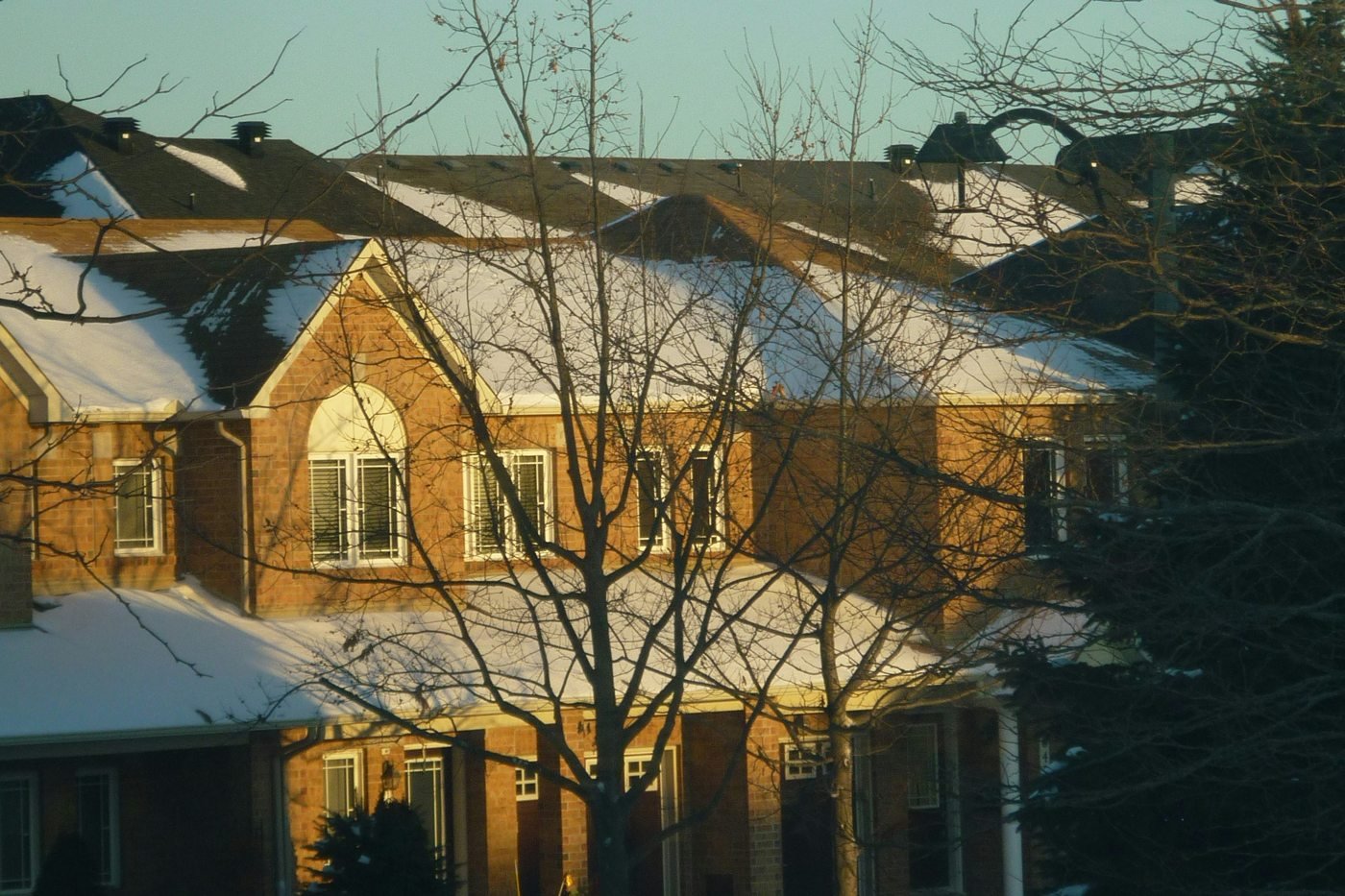 Snow-covered brick homes on a sunny winter day in Ottawa.