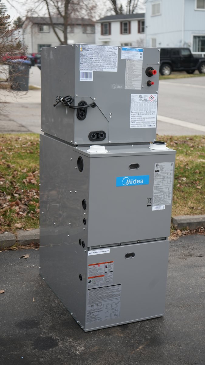 Furnace and cased cooling coil positioned outdoors before installation.