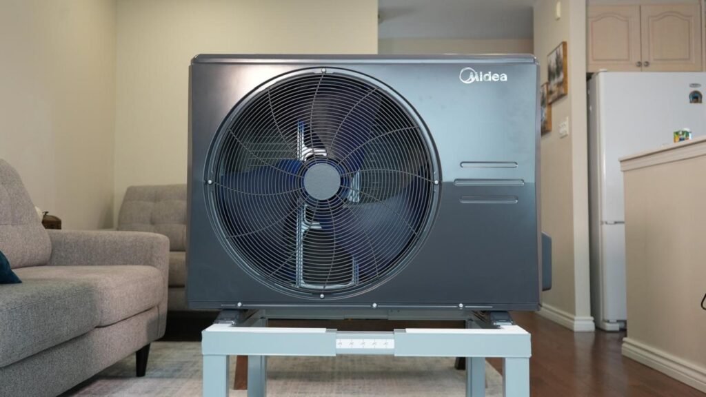 Gray heat pump outdoor unit displayed on a metal stand indoors.